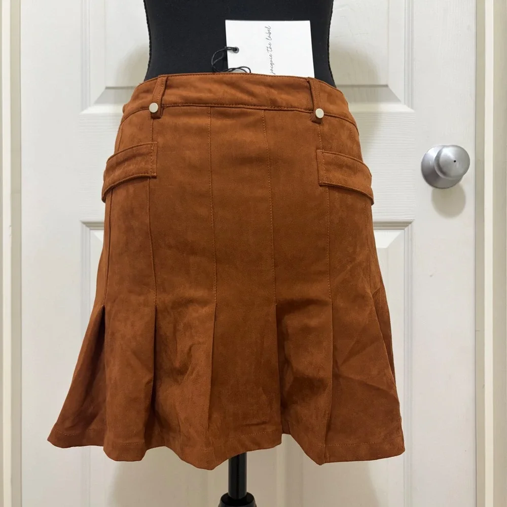 NEW Jacquie the Label Mini Skirt Faux Suede Brown Pleated Buckle Western Cowgirl
